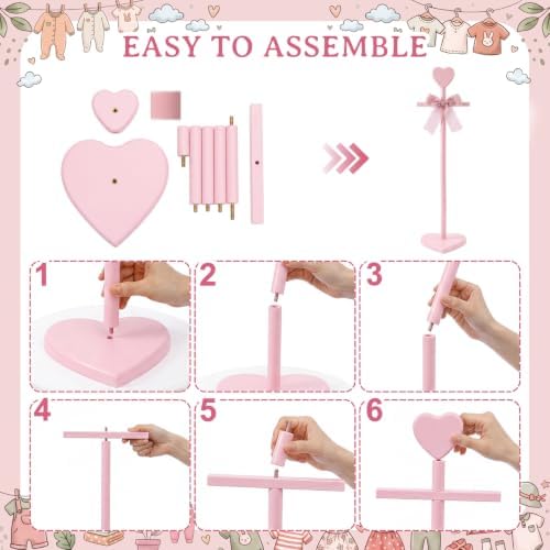 Fuutreo 2 Packs Baby Clothes Display Stands Heart-Topped Baby Shower Centerpiece Babies Clothes Rack with Bow Wooden Adjustable Outfit Hangers Display for Layette Dress, Hand Assembled (Pink) - Image 6