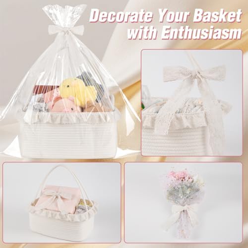 OIAHOMY Gift Basket with Long Handles, Large Woven Baskets for Gifts with Gift Bag, Ribbons and Lace, Cotton Rope Storage Basket for Birthdays, Baby Showers, Picnic, Wedding DIY Presents 19L - White - Image 7