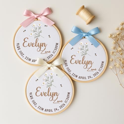 Embroidery Baby Name Sign, Personalized Welcome Baby Hoop Sign with Bow, Custom Baby Name Sign for Hospital, Infant Baby Shower Gifts New Parents (08) - Image 2