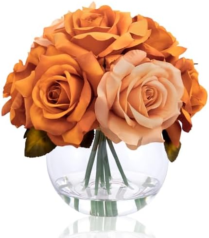 Artificial Flowers in Vase with Faux Water, Burnt Orange Rose Arrangement by WELLKNOWN