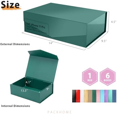 PACKHOME 6 Large Dark Green Gift Boxes 13.5x9x4.1in with Magnetic Lids - Image 2