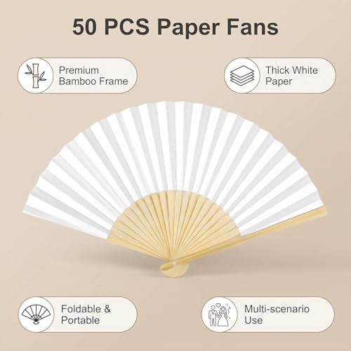 50 Pcs White Paper Fans Paper Hand Fan- Handheld Paper Folded Fan for Wedding Party and Home Decoration - Image 5
