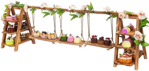 Wooden 3 Tier Cupcake Stand with Artificial Flower Vine Hanging Swing Trays Foldable & Removable Design for Birthday Wedding Catering Baby Shower Party by Unknown