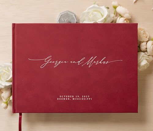 MUUJEE Personalized Guestbook in Red - Premium Custom Modern Guest Book for Wedding Reception, Birthday Party or Events w/Bookmark Blank Pages for Signing 11.5 x 8.5 inches - Image 2