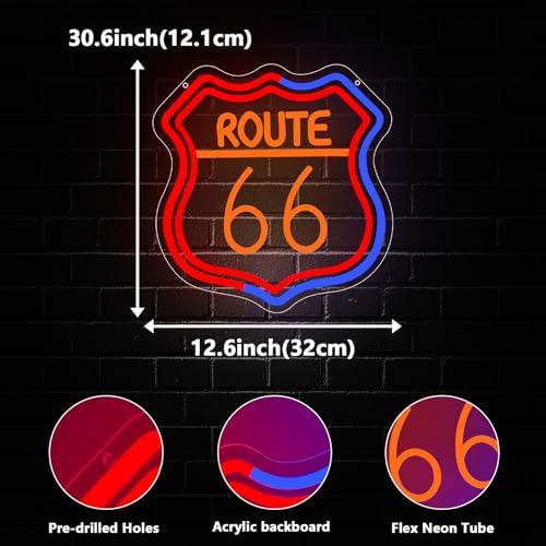Route 66 Neon Sign, Route 66 Led Neon Light Signs Light up Sign for Wall Decor Home Bedroom Bar Man Cave Party Decorations Birthday Gift Dimmable USB Powered(12.6" × 12.1") - Image 3