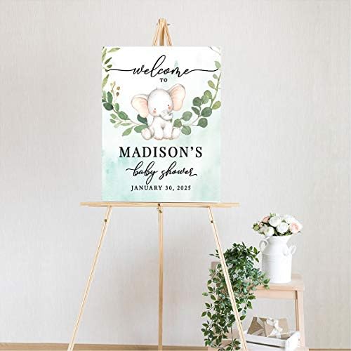 Andaz Press Custom Large Baby Shower Canvas Welcome Sign, 16 x 20 Inches, Baby Elephant Greenery Leaves, Guestbook Alternative, Personalized Sign Our Canvas, for Elephant Baby Shower, Baby Sprinkle - Image 2