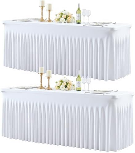 2 Pack White Table Cloth for 6 Foot Rectangle Tables Spandex Fitted Tablecloth 6ft Stretch Table Covers Skirt White Banquet Tablecloths Wrinkle Free Tablecloth for Party Wedding Birthday Event by Tao-GePartyDecorations
