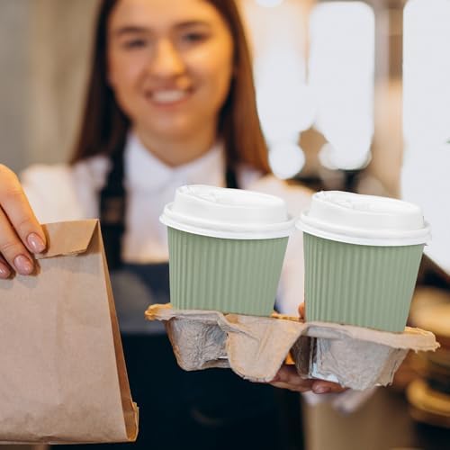 Whaline 100 Pcs Sage Green Disposable Coffee Cups with Lids 12 Oz Solid Green Paper Cups Corrugated Ripple Wall Insulated Hot Cup for Home Office Party Supplies - Image 5
