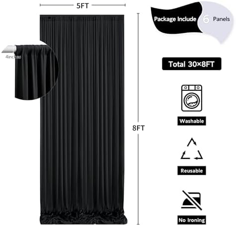 30 ft x 8 ft Black Backdrop Curtain for Parties, 6 Panels 5 ft x 8 ft Wrinkle Free Polyester Photo Black Backdrop Drapesfor Graduations Birthday Wedding Party Stage Curtains Home Decoration Supplies - Image 5
