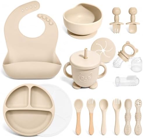 Silicone Baby Feeding Utensils Set for 6+ Months, 17 Pcs, Beige by Catvegue