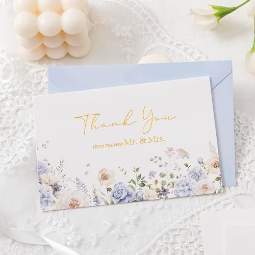 Crisky Blue Floral Wedding Thank You Cards with Envelopes & Stickers From Mr & Mrs, 100 Pack Gold Foil Eucalyptus Leaves Thank You Greeting Note Cards Bulk for Bridal Shower - Image 4
