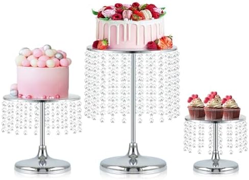 Metal Mirror Cake Stand Set with Crystal Pendants - Elegant Dessert Table Display for Weddings, Birthday Parties, Baby Showers, Events - Sturdy Crystal Bling Cupcake Stands for Pastries, Sweets, Decorations (Silver, Set of 3) by kehail
