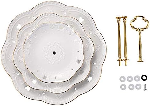 3-Tier Porcelain Embossed Cupcake Stand - Pure White Rimmed with Gold Dessert Cake Stand - Pastry Serving Tray Platter for Tea Party, Wedding and Birthday - Image 3