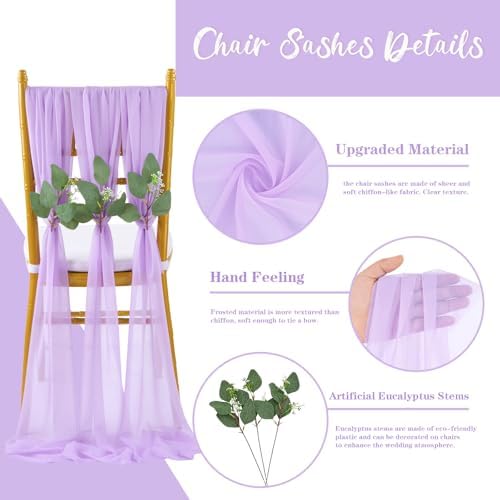 QueenDream Light Purple Wedding Chair Sashes 16 Pieces Wedding Aisle Chair Decorations Long Sheer Church Draping Fabric Chair Covers Bulk with Artificial Eucalyptus - Image 2