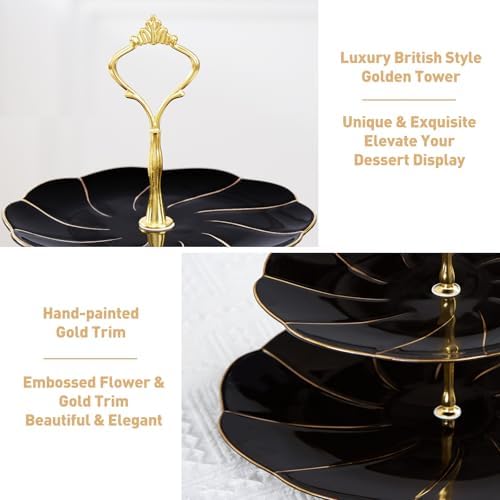 DUJUST Luxury Larger 3-Tier Cupcake Stand Tower, British Style Porcelain Serving Tray with Golden Trim, Food Grade Dessert Display Stand for Tea Party & Home Décor - 45% Black Larger Plates - Image 3