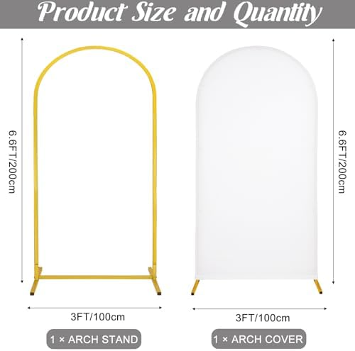 Metal Arch Stand and Cover Set,1 White Spandex Fitted Backdrop with 1 Gold Wedding Arched Stand Frame for Parties Birthday Baby Shower Bridal Banquet Decoration (6.6FT) - Image 2