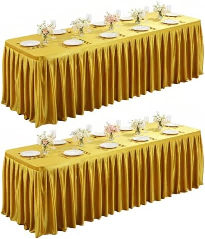 2 Packs Gold Satin Tablecloths Rectangle 4FT,Glitter Spandex Fitted Stretch Table Covers Wrinkle-Resistant Floor Length Shimmer Pleated Table Skirt for Wedding Parties Baby Shower Banquets by Partisky