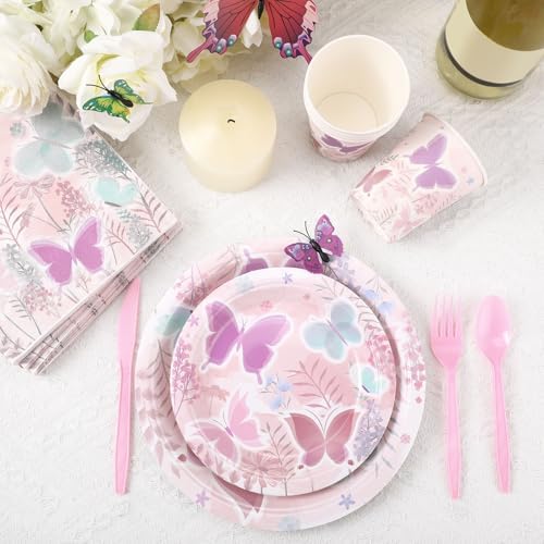 Ziliny 350 Pcs Butterfly Party Supplies Tableware Set Disposable 9'' 7'' Paper Plates 9 oz Cups Cutlery Napkins Dinnerware Set for 1st Birthday, Serve 50 (Butterfly, Purple, Pink) - Image 5