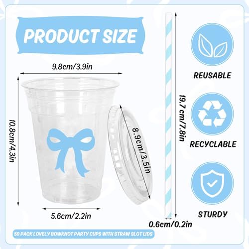 Whaline 50 Pcs Bow Disposable Plastic Cups with Lids and Straws 12 Oz Blue Bow Knot Cold Beverage Drinking Cups - Image 2