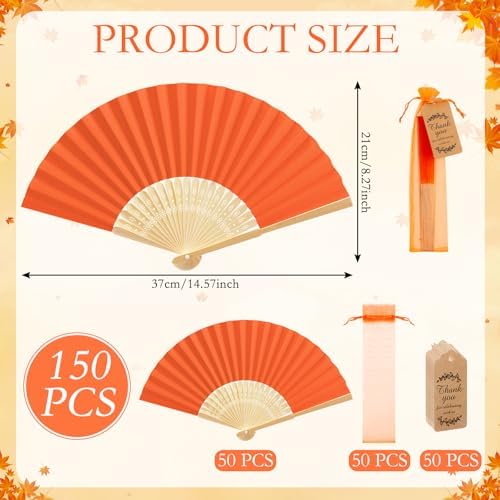 Roowest 50 Pack Paper Folding Fans Bamboo Wedding Favors, Orange - Image 2