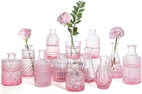 TBWIND Pink Glass Bud Vases Set of 12, Vintage Mini Vases by TBWIND