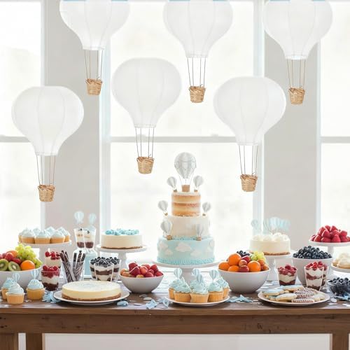 Meooeck 6 Pcs Hanging Hot Air Balloon Decorations Paper Lanterns 12 Inch Reusable Hot Air Balloon Decor Paper Lanterns Set for DIY Craft Wedding Birthday Christmas Home Living Room (White) - Image 4