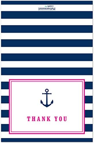 50 Cnt Navy Stripes Pink Border Anchor Nautical Baby Shower Thank You Cards - Image 2