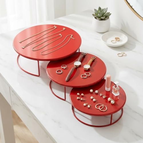 Red 3Pcs Half-Circle Nesting Metal Cake Stand Set 8/10/12 Inch Tray - Image 4