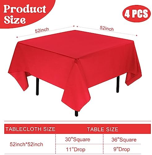 4 Pack Square Table Cloth 52x52 Inch Red Tablecloth Machine Washable Fabric Polyester Table Cover for Dining, Buffet Parties, Picnic, Events, Weddings and Restaurants（Red） - Image 2