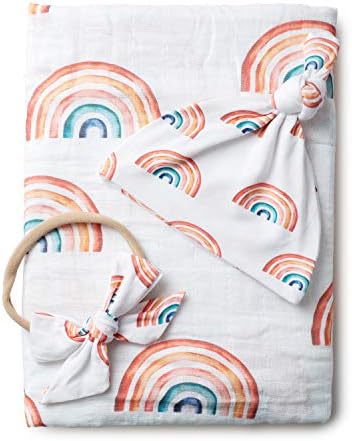 Miaoberry Organic Muslin Baby Swaddle Blanket and Hat Set Newborn Unisex Neutral Boy Girl| Boho Rainbow |Photo Props Birth Announcement Card by MiaoberryBaby