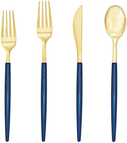 Supernal 180Pcs Gold and Blue Plastic Silverware Set for Wedding and Party by supernal