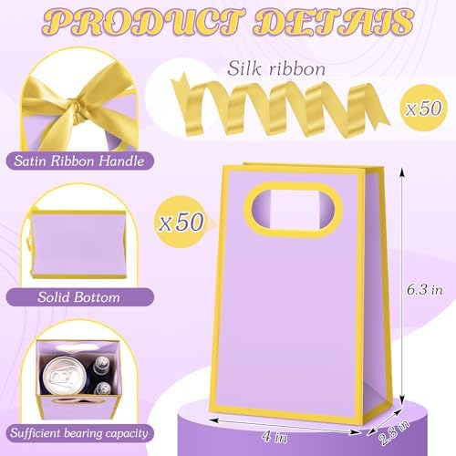 AmazingSpark 50 Pcs Light Purple Gold Mini Gift Bags Bulk 6.3 x 3.9 x 2.8 Inch Party Favors Elegant Small Gift Bags with Handles and Ribbon Bows for Wedding Birthday Bridal Baby Shower Party Favors - Image 2