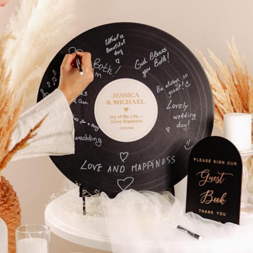 Custom Wood Round Record Wedding Guest Book Alternative, Rustic Vinyl Record Design for Wedding Reception, Graduation Guest Book, Vintage Event Decor (Black) - Image 6