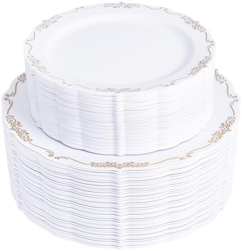 U-QE 100PCS Gold Plates Disposable - Heavy Duty White and Gold Plates by U-QE