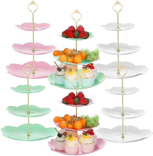 6 Pcs 3 Tier Cupcake Stand Tea Party Trays 3 Tier Serving Tray Plastic Dessert Stand Cake Fruit Candy Display Tower for Wedding Birthday Tea Party (Sakura,White,Pink,Green) by Gandeer