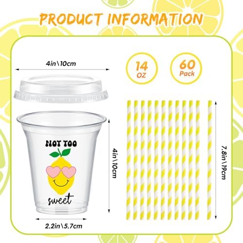 FoldTier 60 Set Lemon Party Cups, 14 oz with Lids and Straws - Image 2