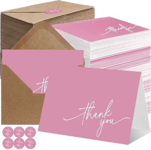 Gueevin 200 Pcs Thank You Cards with Envelopes Stickers, 3.5x5", Pink by Gueevin