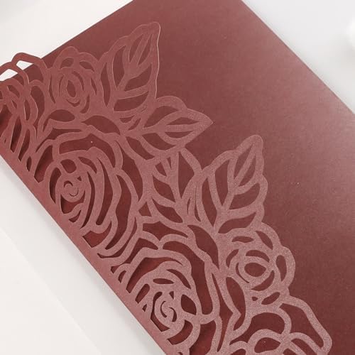50pcs Tri Fold Wedding invitations Rose Hollow Laser Cut 5x7 '' Burgundy - Image 6