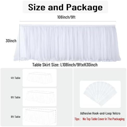 108in White Tulle Table Skirts for Rectangle Tables 8/6/4ft, 2-Layer Gold Grim Ruffle Tulle Tutu Cloth Table Skirt 9ft Long for Wedding Birthday Party Baby Shower Cake Dessert Tables(No Table Cover) - Image 5