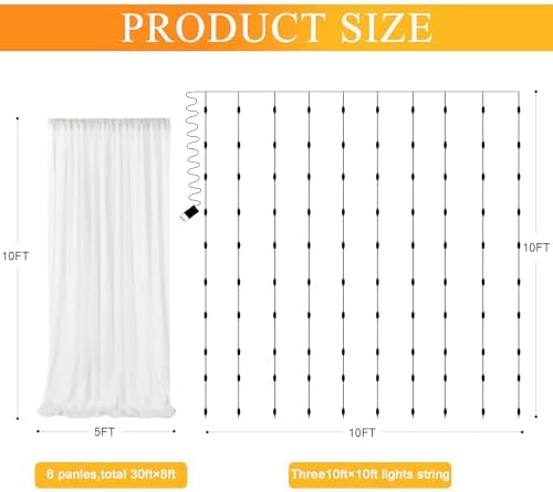 Tulle Backdrop Curtains with Lights Sheer Ivory Curtain Backdrop 30x10ft - Image 2