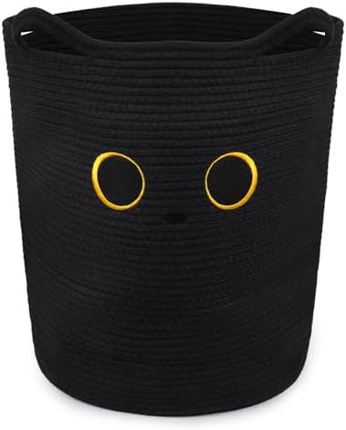 Tall Black Cat Laundry Basket for Nursery, Cute Large Woven Cotton Rope by Hkojewp