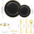 SUT 175 Piece Black and Glod Plastic Dinnerware Set for 25 Guests, Disposable Plastic Plates, Include: 25 Dinner Plates, 25 Dessert Plates, 25 Pre Rolled Napkins with Silver Silverware, 25 Cups - Image 3