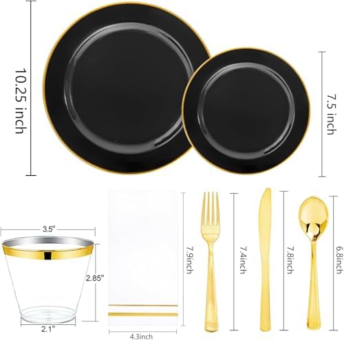 SUT 175 Piece Black and Glod Plastic Dinnerware Set for 25 Guests, Disposable Plastic Plates, Include: 25 Dinner Plates, 25 Dessert Plates, 25 Pre Rolled Napkins with Silver Silverware, 25 Cups - Image 3