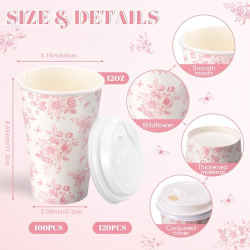 Funnymoom 100 Pieces Pink Floral Disposable Coffee Cups with 120 Lids 12 oz Pink Herb Beverage Paper Tea Cups for Spring Wedding Baby Bridal Shower Tea Party Baby Shower - Image 2