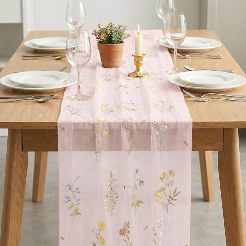 Artoid Mode 6PC Floral Light Pink Embroidery Table Runner 120 Inch 10FT - Image 3