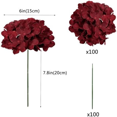 WEISPARK 100PCS Burgundy Artificial Hydrangea Flowers, Fake Flowers Silk Hydrangea Full Flowers Heads with Stems for Wedding Home Party Shop Baby Shower Decor (Burgundy) - Image 2