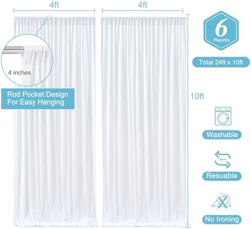White Backdrop Curtains 6 Panels, 10 Feet Wrinkle-Free Polyester Photography Backdrop Drapes for Wedding Baby Shower Party Background Backdrop Stand- 24 X10FT (White) - Image 3
