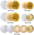 White Gold Party-Decorations Paper Flowers Lanterns - 29PCS Engagement Birthday Graduation Wedding Tissue Pom Poms Streamers,Neutral Bachelorette Baby Bridal Shower Hanging Supplies Decor Hugfond - Image 7