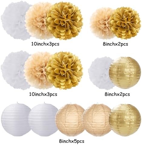 White Gold Party-Decorations Paper Flowers Lanterns - 29PCS Engagement Birthday Graduation Wedding Tissue Pom Poms Streamers,Neutral Bachelorette Baby Bridal Shower Hanging Supplies Decor Hugfond - Image 7