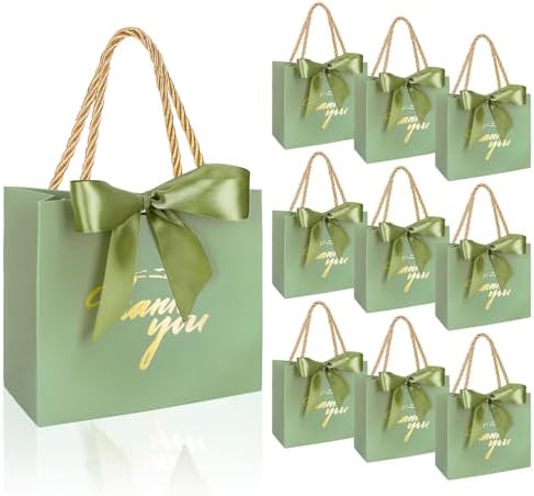Whaline 50 Pcs Thank You Paper Gift Bags with Bows Sage Green Party Favor Bag with Handles Mini Candy Treat Bags for Wedding Bridal Baby Shower Birthday Party (Assembly Required) by Whaline